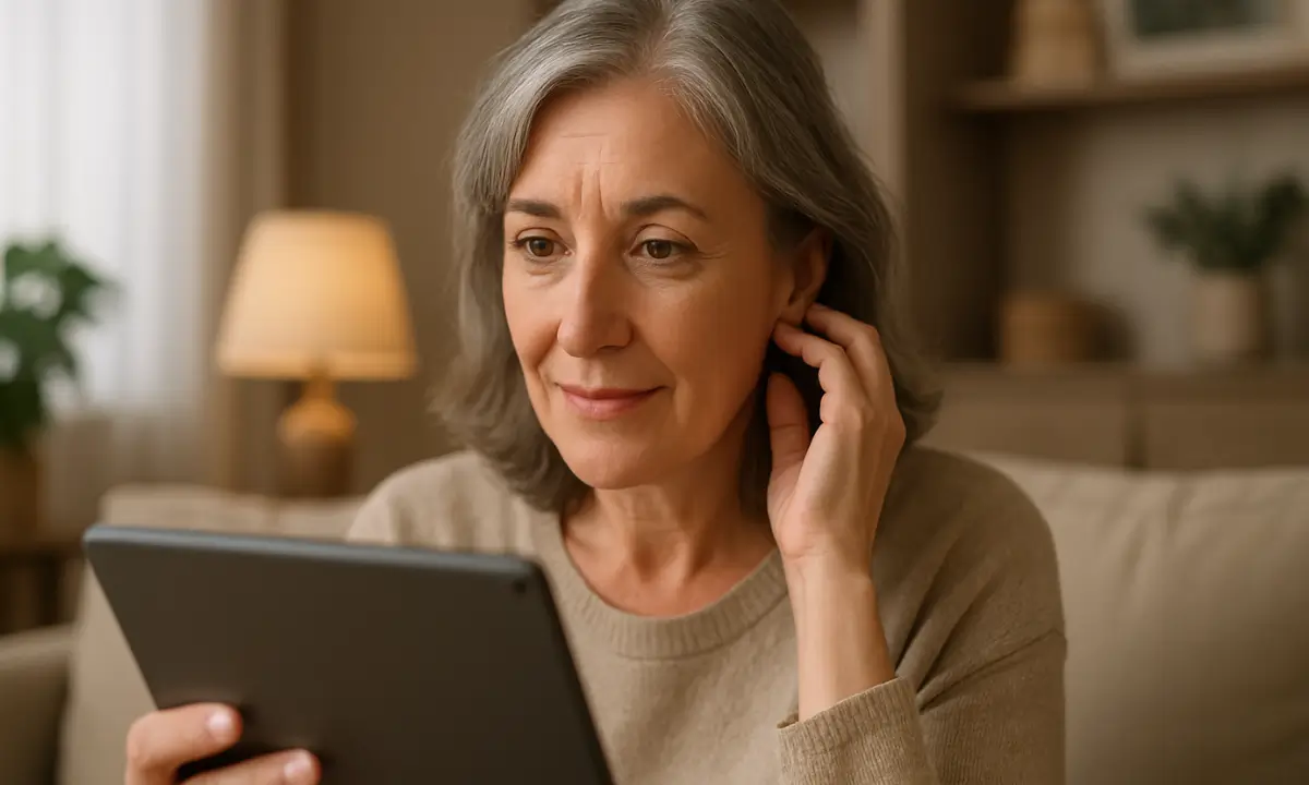 Older woman holding her ears in discomfort on the left and the same woman shown calmly on the right, with a large play button centered between the two scenes